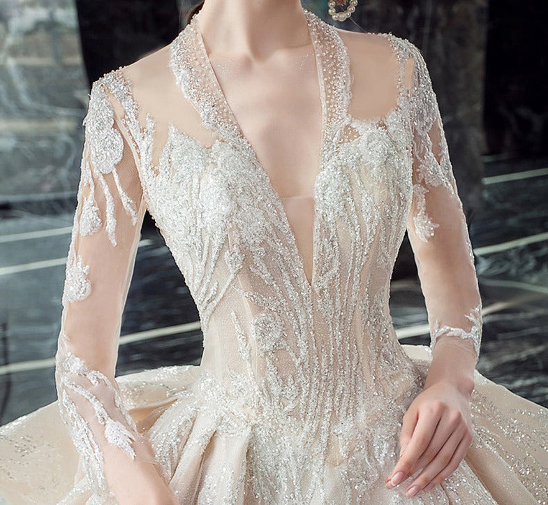 Deep V Neck Women Fashion Bridal Gowns Wedding Dresses With Sleeves - Image 3
