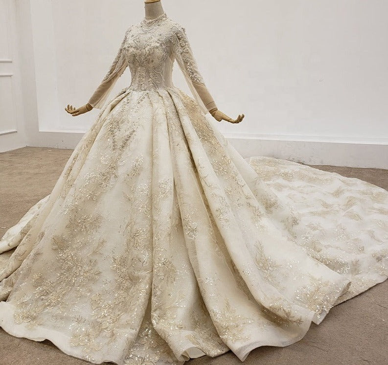 Elegant Beading Lace up Wedding Dress Cathedral Train