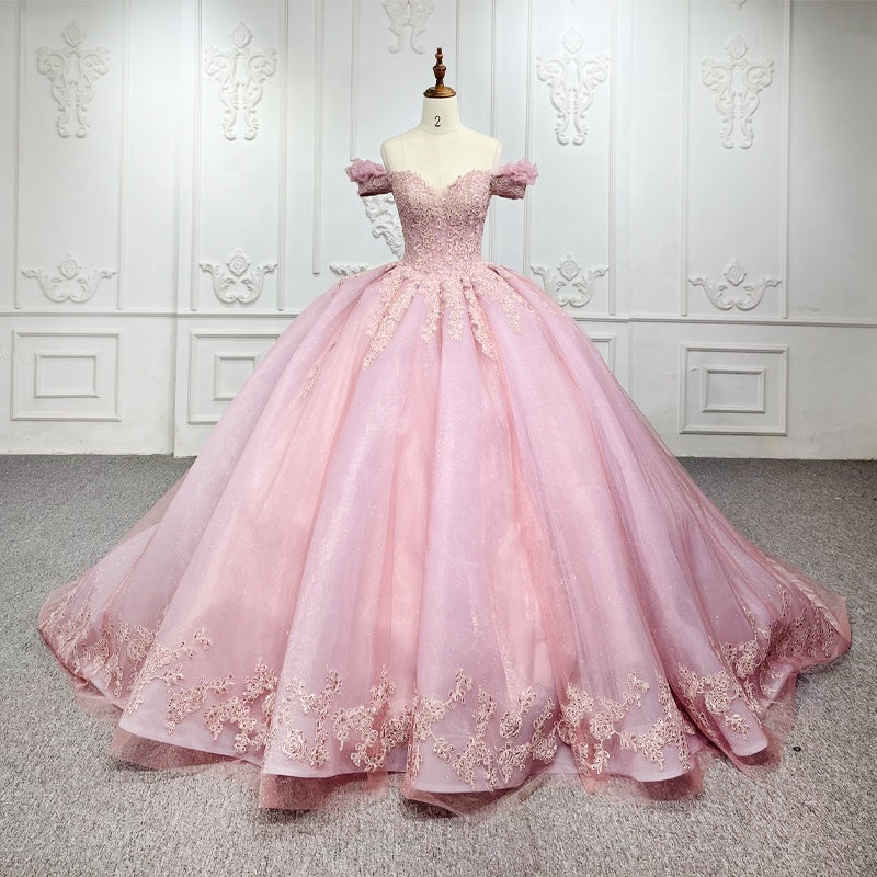 Princess Pink Off Shoulder Lace Prom Bridal Evening Dress