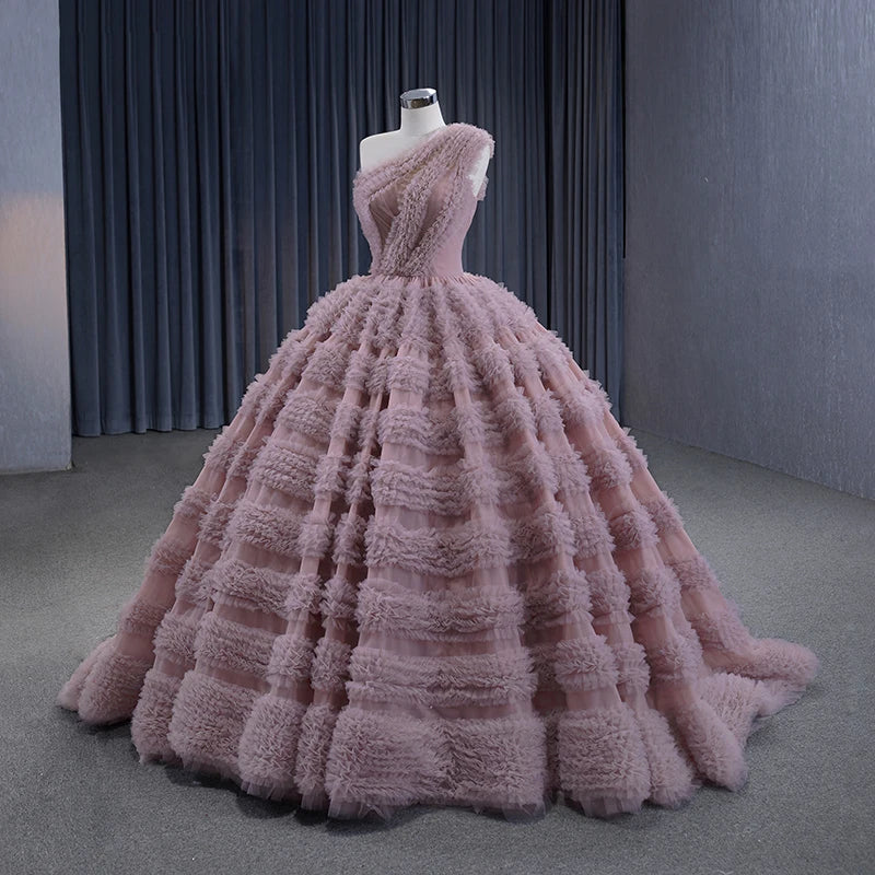 Intricate Shirred Prom Dress One-Shoulder Sleeveless Modest Backless Layered Puffy Tulle Floor Length Party Gowns - Image 6