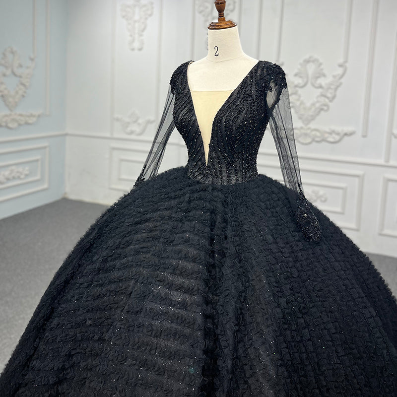 Sexy Black Long Sleeve Bridal Ball Gown Evening Prom Dress