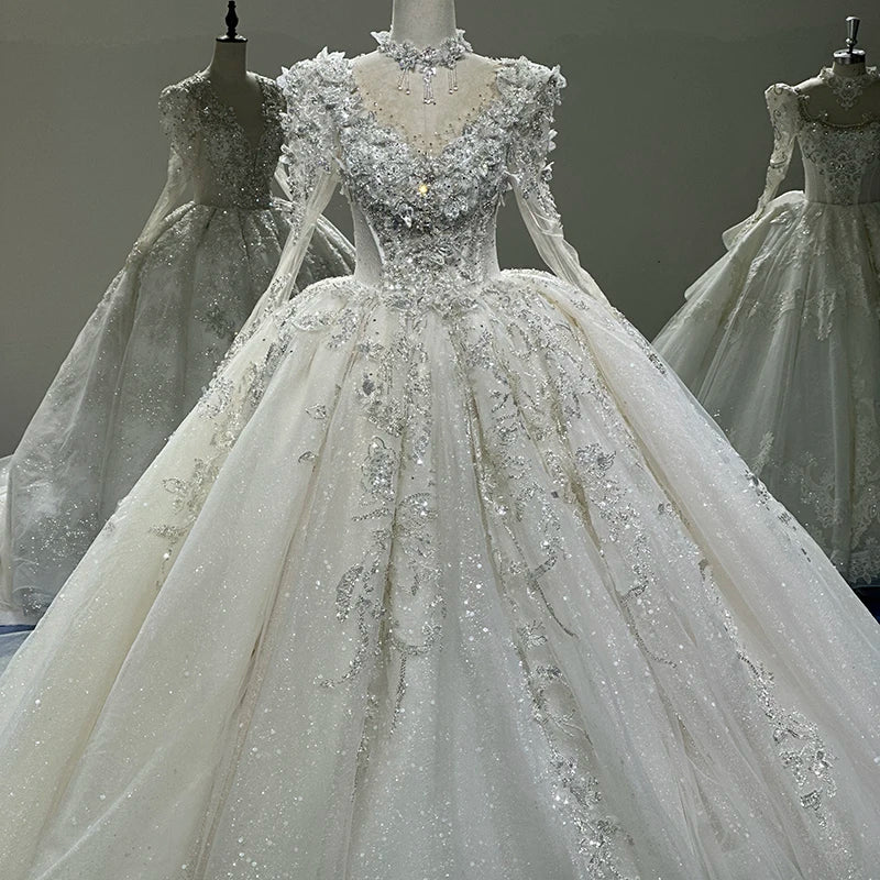 Princess Wedding Dress Illusion O-Neck Long Sleeve Pure Handmade Embroidery Applique Beading Formal Bride Gown - Image 2