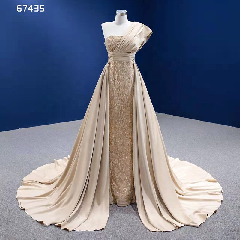 Prom Dress Party Long Sequin Evening Dress Elegant Champagne One Shoulder Detachable Trail Dress