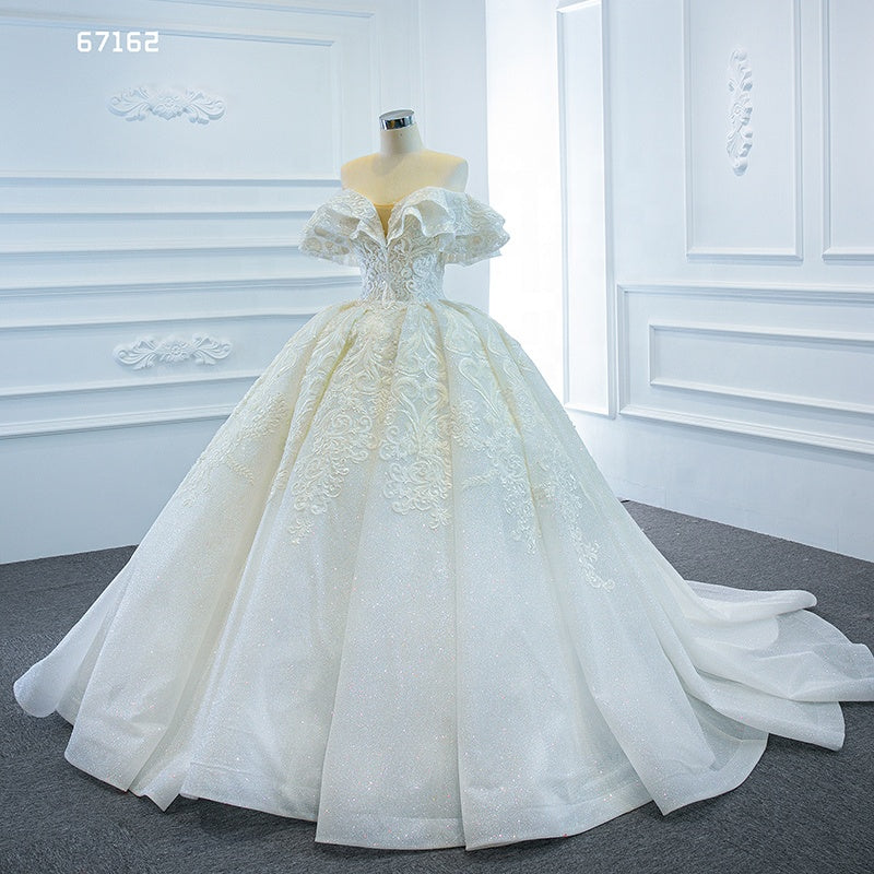 Luxury Off Shoulder Lace Applique Ball Gown Bridal Wedding Dress