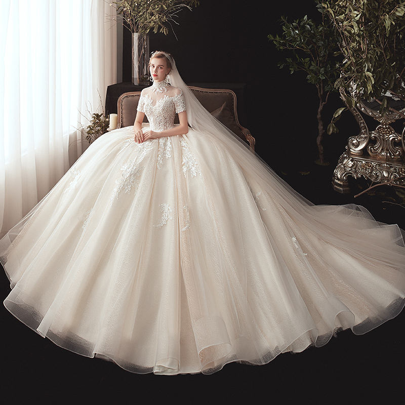 High Neck Short Sleeve Appliques Bridal Gowns Beading Princess Wedding Dress Ball Gown - Image 6