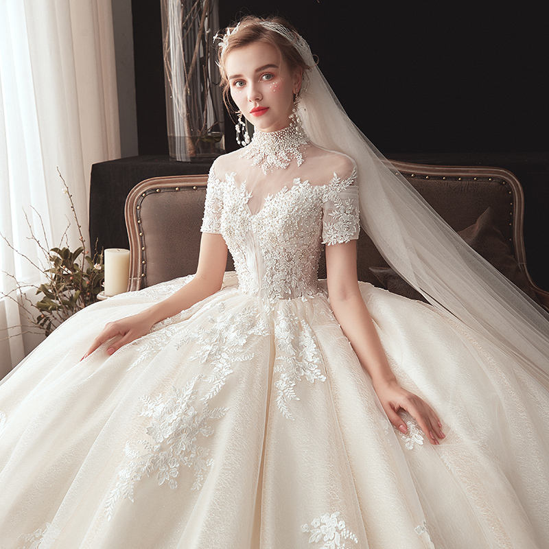 High Neck Short Sleeve Appliques Bridal Gowns Beading Princess Wedding Dress Ball Gown - Image 7