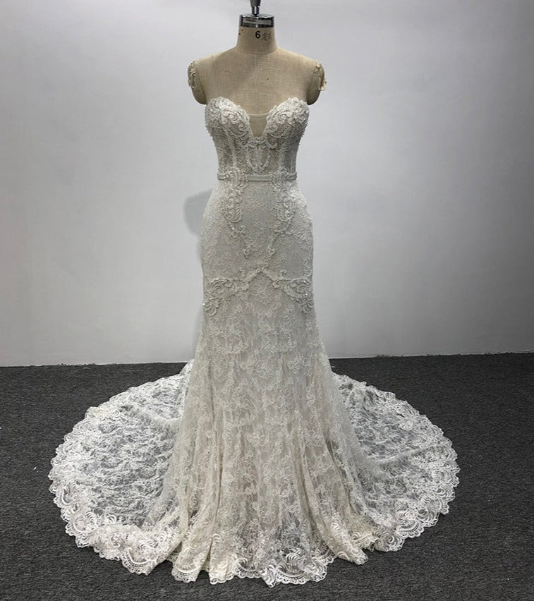 Ladies Luxury Tube Top Diamond Embroidered Lace Bridal Wedding Dress