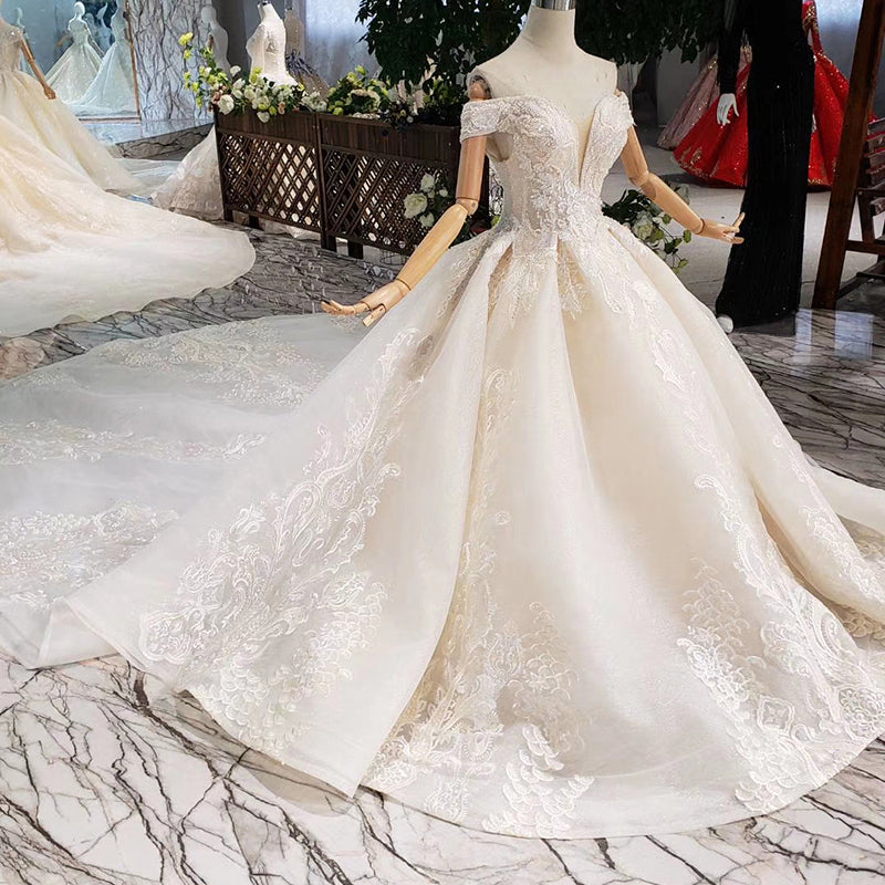 v neck off shoulder glitter fabric wedding dresses