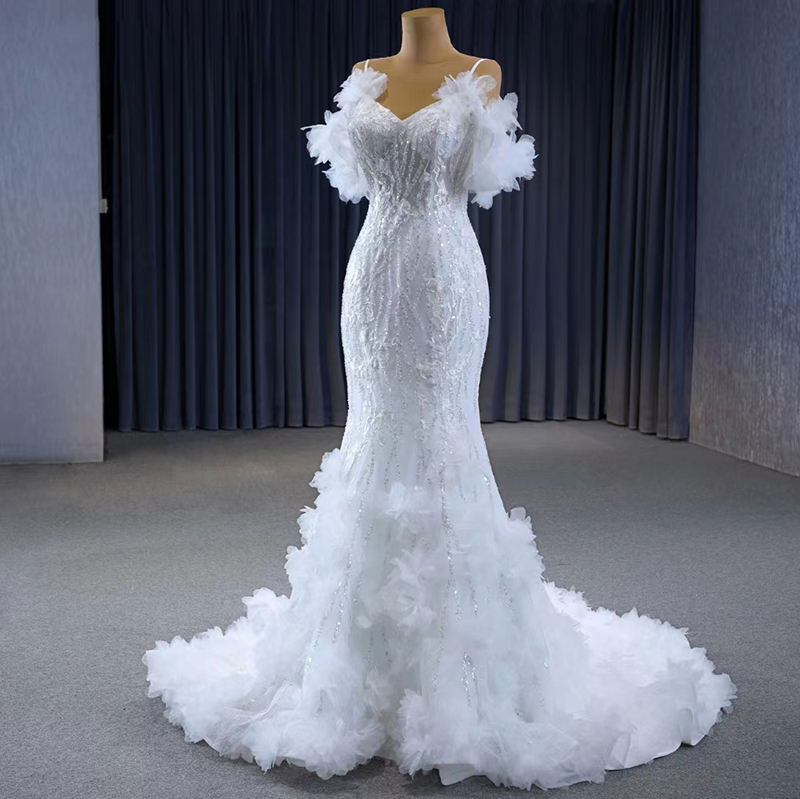 Feather Spaghetti Strap Mermaid Wedding Dresses - Image 3