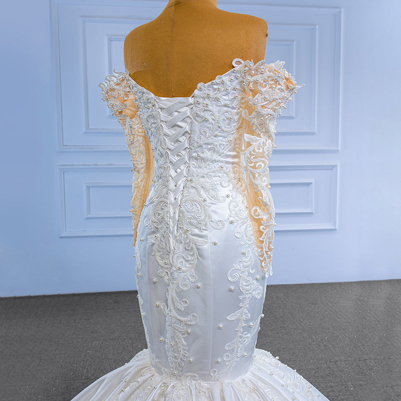 2022 Luxury Newest Design Tube Top Long Sleeve Satin Vintage Beaded Mermaid Bridal Wedding Dress - Image 8