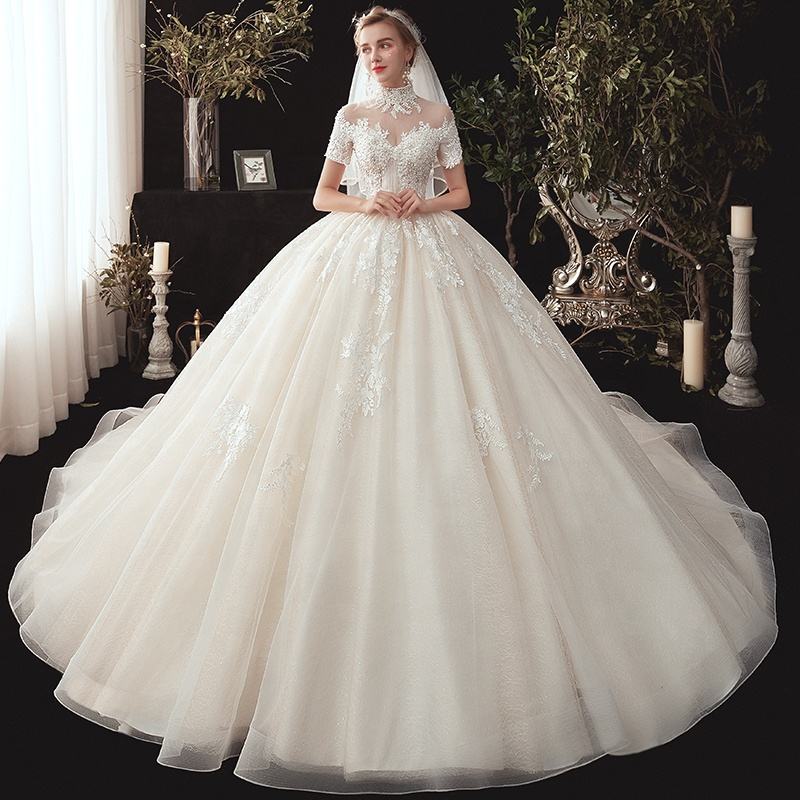 High Neck Short Sleeve Appliques Bridal Gowns Beading Princess Wedding Dress Ball Gown