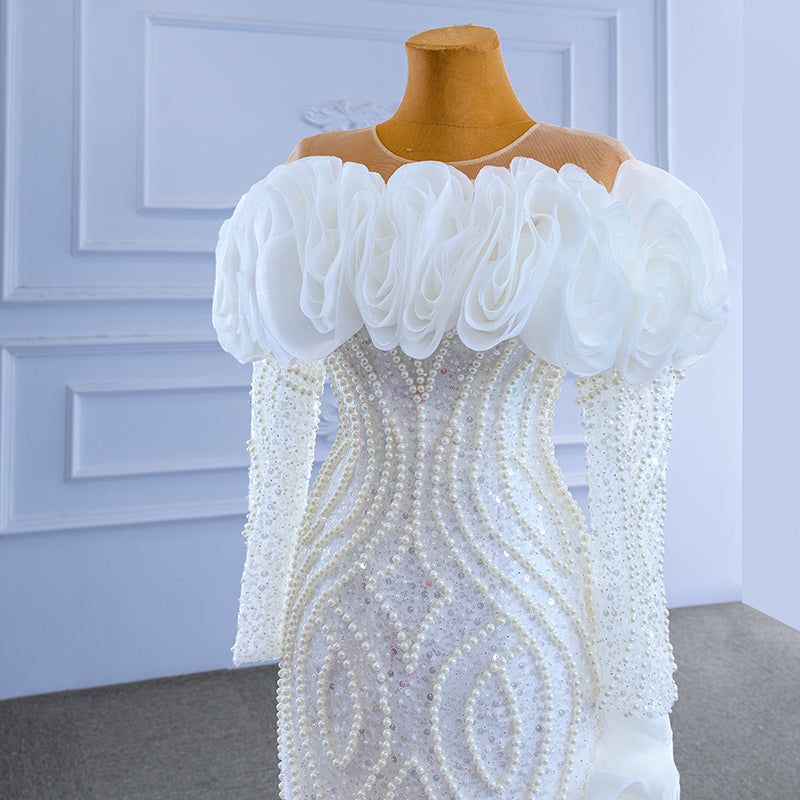 Ladies Tulle Luxury Lace White Dress Heavy Beaded 3D Embroidered Bridal Wedding Dress
