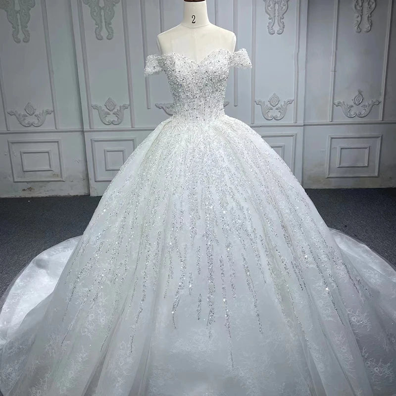 Elegant Pearls Belt Sequins Wedding Gowns Dresses For Women