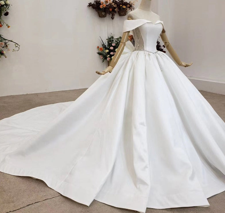 Satin Off Shoulder Luxury Beautiful Wedding Dress Bridal Gown