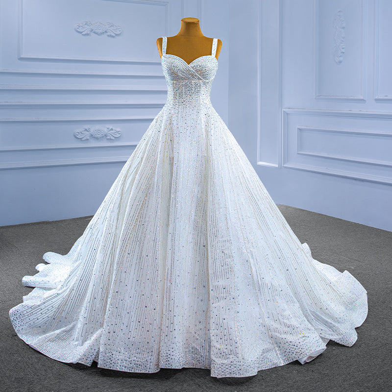 Elegant Temperament Bridal Sling, Pearl Sequins Trailing White Wedding Dress