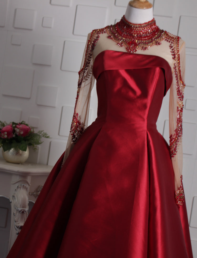 high neck beaded satin navy dresses women party - Image 7