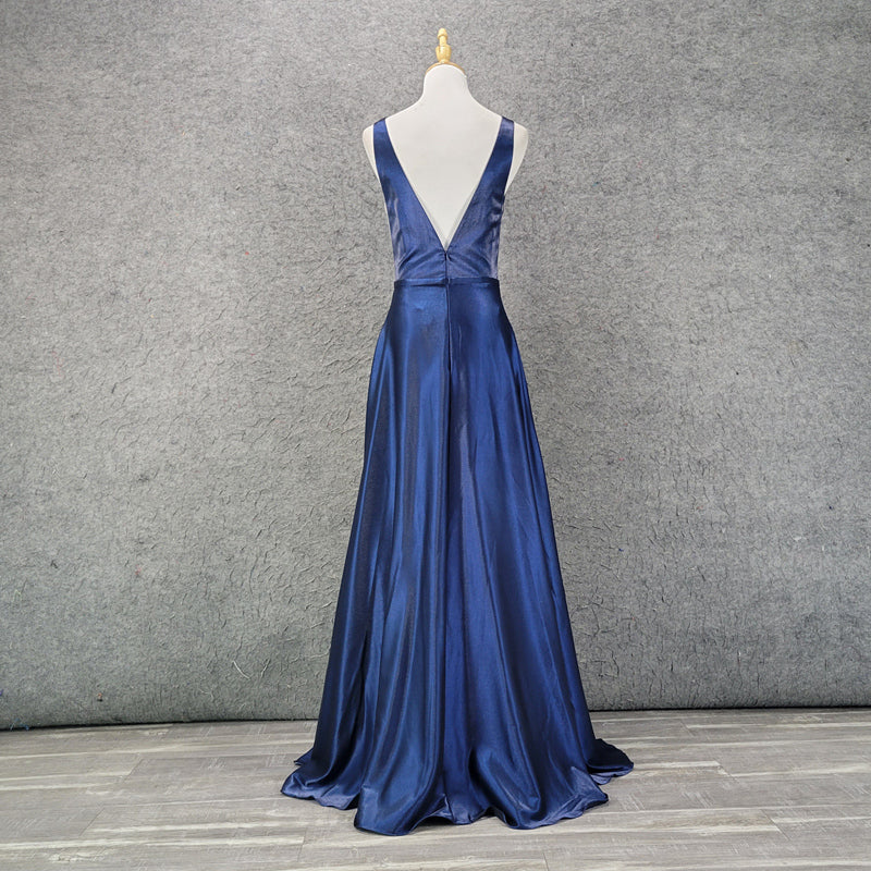 Double Shoulder Deep V Neck Sexy Gorgeous Dress Satin Navy Women'S Dress - Image 4