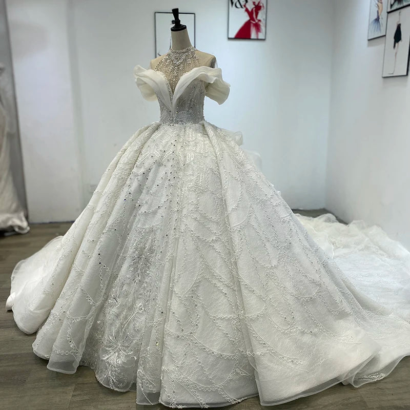 Luxury Pear Beaded 3D Lace Applique Shimmering Ball Gown Elven Wedding Dress Tiered Skirt And Bow