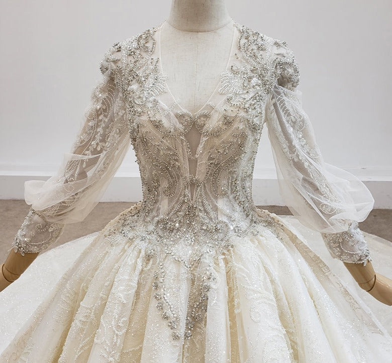 Heavy Beading Lace Long Sleeve Applique Wedding Gown Dress - Image 6