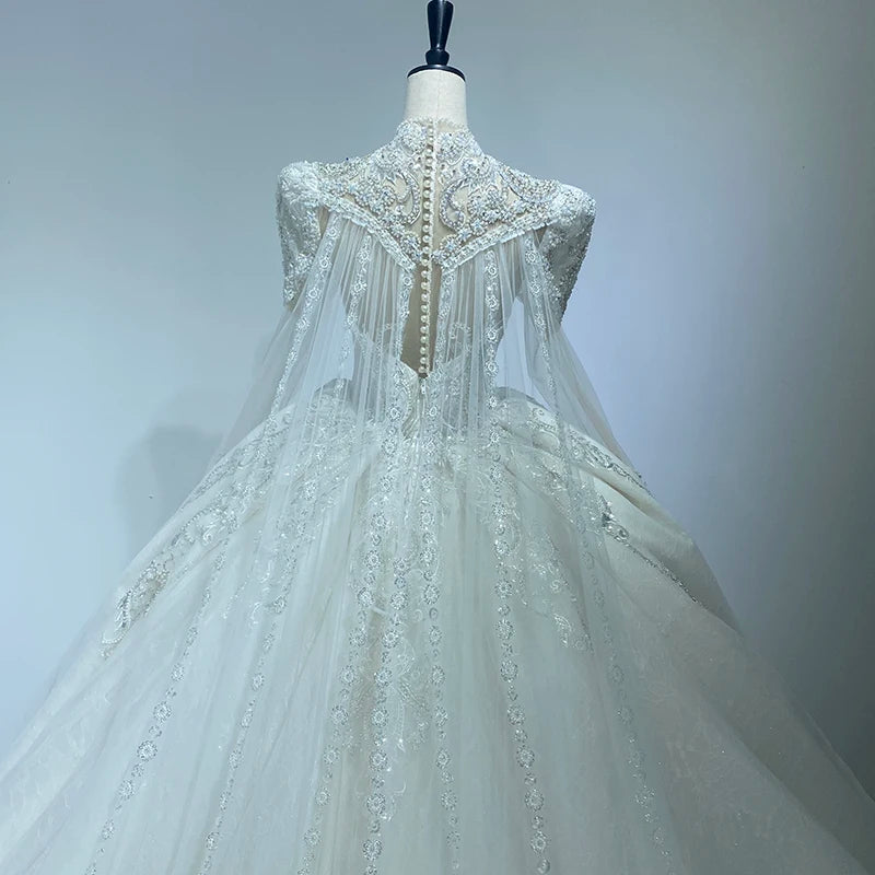 Heavy-Duty Luxury Wedding Shawl Yarn Shiny Puff Shoulder Long-Sleeved Ball Gown French Wedding Dress - Image 6