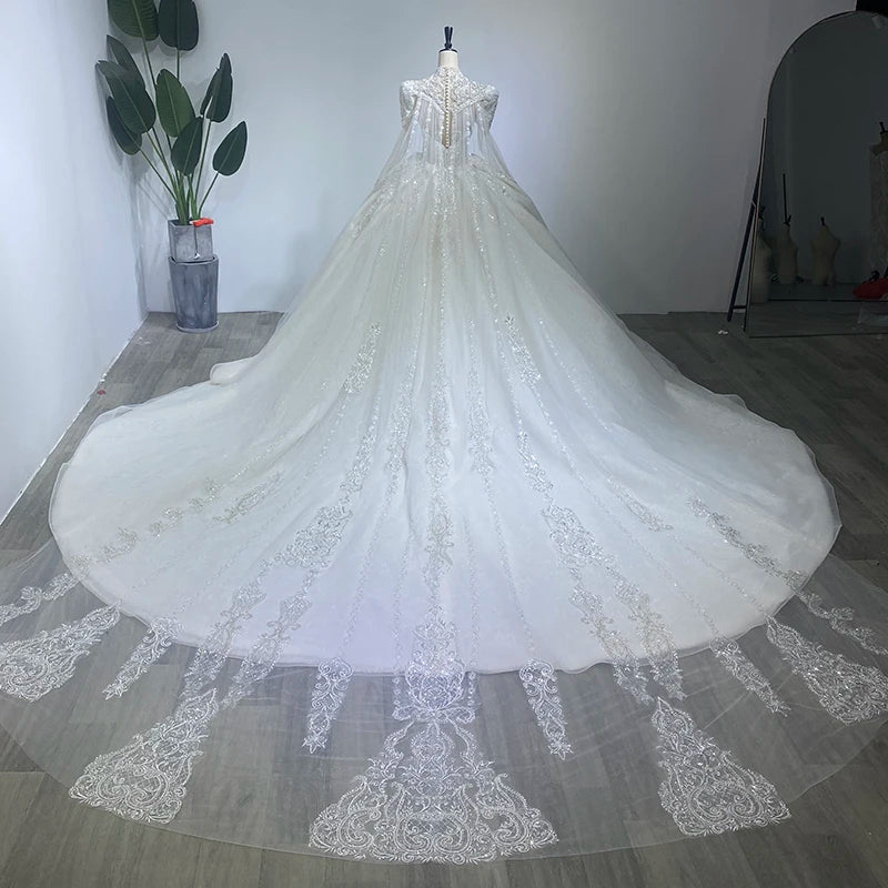 Heavy-Duty Luxury Wedding Shawl Yarn Shiny Puff Shoulder Long-Sleeved Ball Gown French Wedding Dress - Image 5