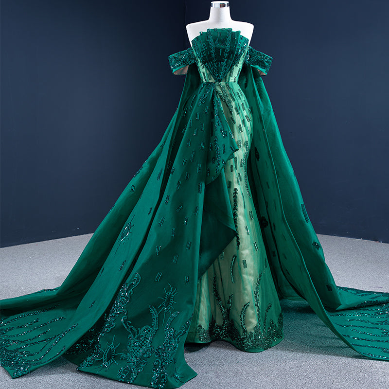 Ladies Elegant Beaded Slim Fit Green Evening Dress - Image 4