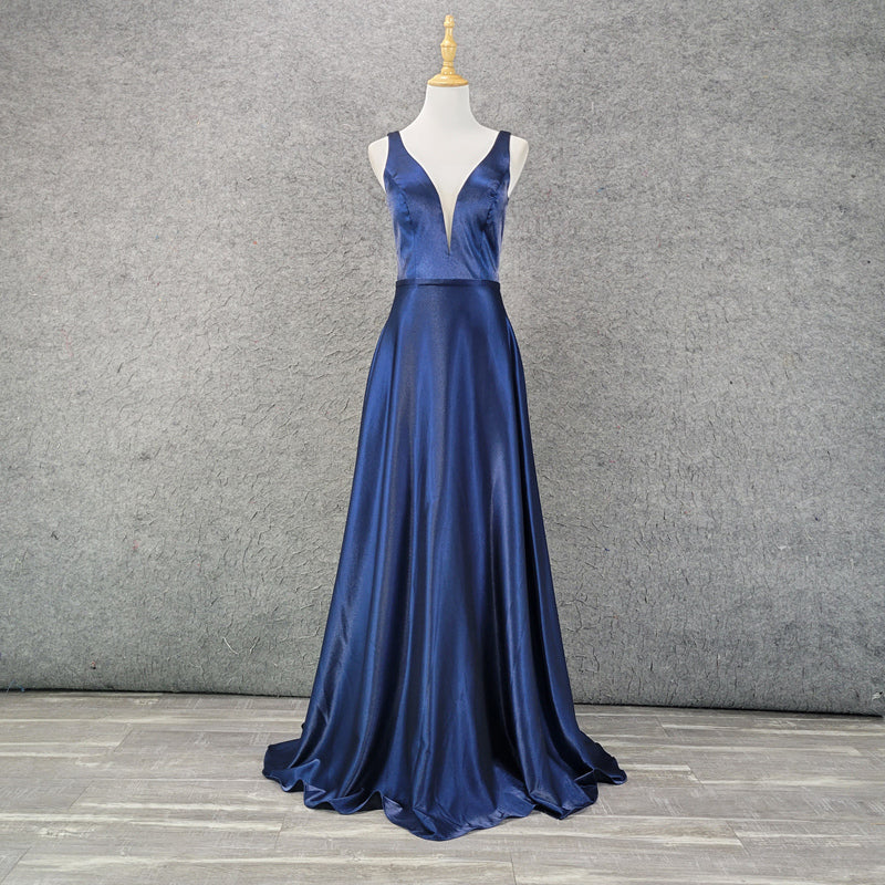 Double Shoulder Deep V Neck Sexy Gorgeous Dress Satin Navy Women'S Dress - Image 5