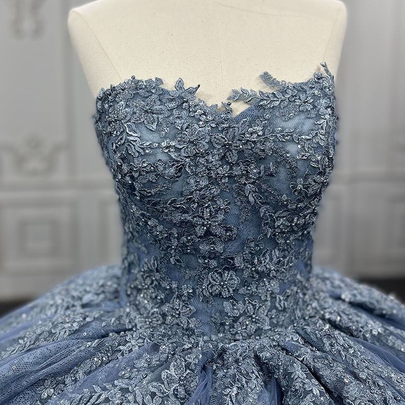 Elegant Blue Lace Sleeveless Ball Gown - Image 3