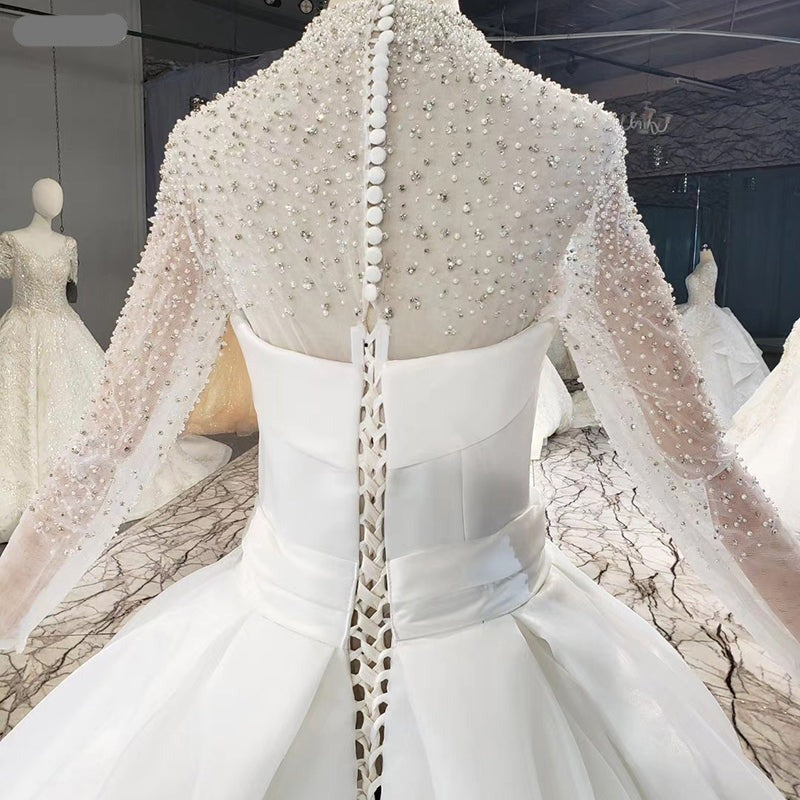 High Neck Long Sleeve Luxury Beading Crystal Wedding Dress - Image 8