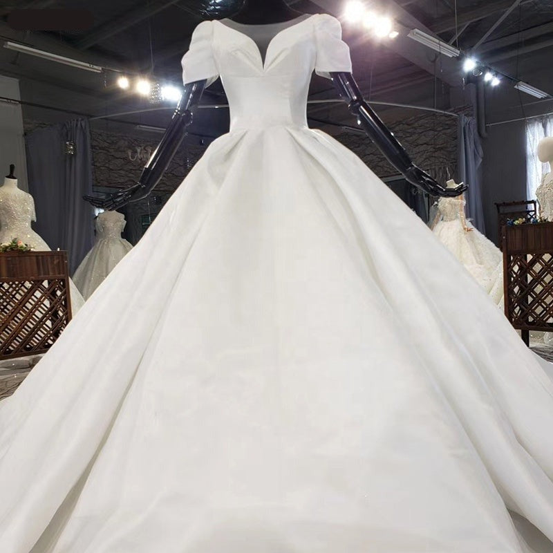 V Neek Satin White Long Train Wedding Dress Ball Gown - Image 3
