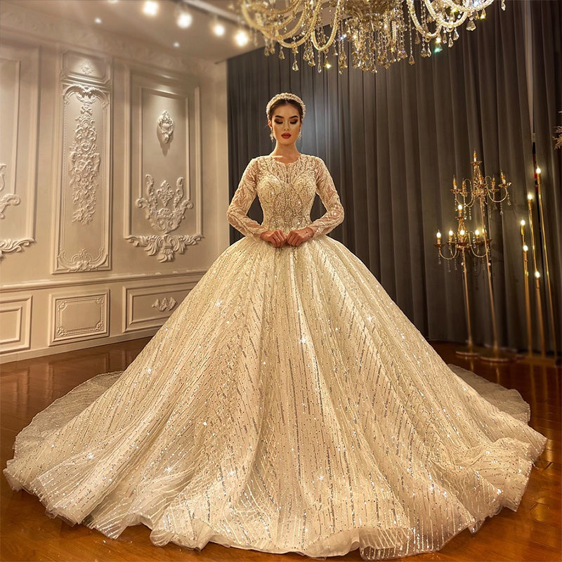 Luxury Long Sleeve Lace Turtleneck Embroidered Tassel Sequin Long Tail Wedding Dress
