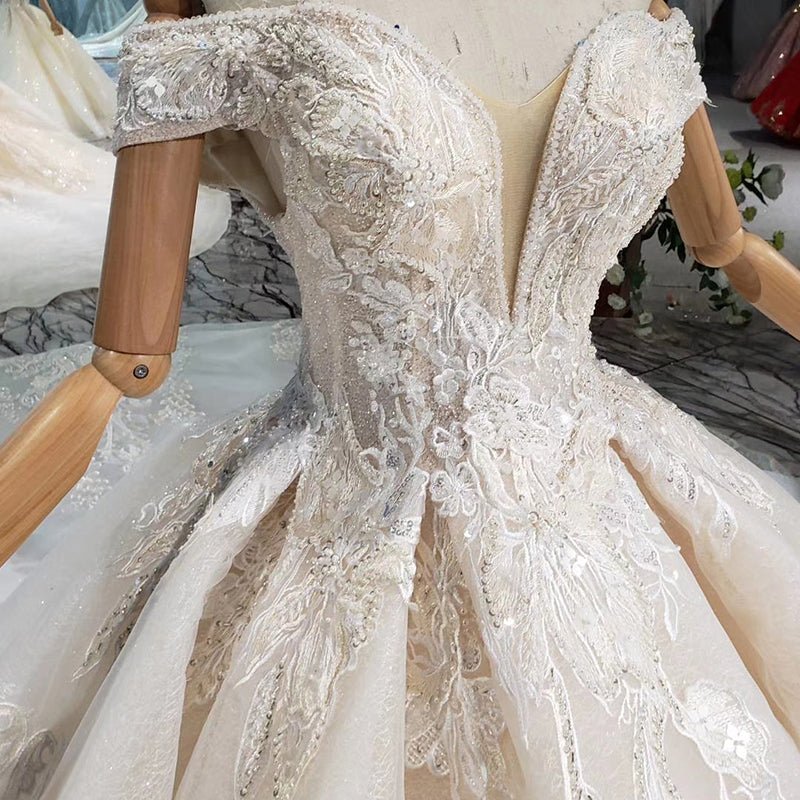 v neck off shoulder glitter fabric wedding dresses - Image 5