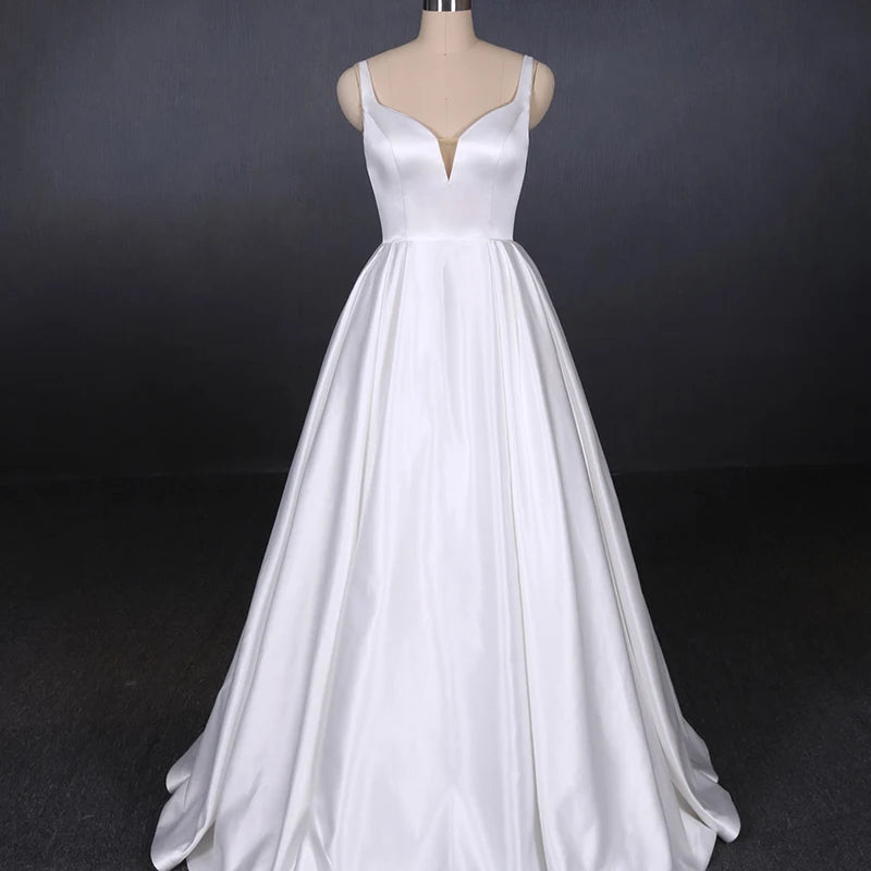 New A-Line Wedding Dresses Sexy Deep V Neck Backless Spaghetti Strap Simple Draped Bridal Gown