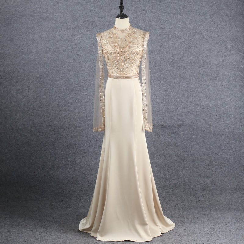 Ladies New Elegant Long Sleeve Lace Embroidered Pearl Slim Evening Dress - Image 2
