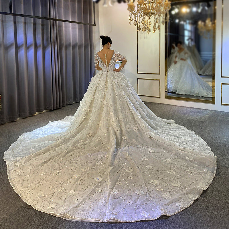 Elegant Luxury Deep V Neck Pearl 3D Flower Lace Sequins Bridal Backless Wedding Dress - Image 3