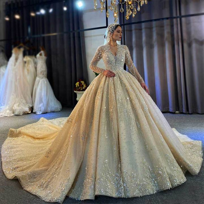 2022 New Luxury Wedding Dresses Gold Lace Embroidered Sequins Heavy Hand Beaded Princess Wedding Dresses
