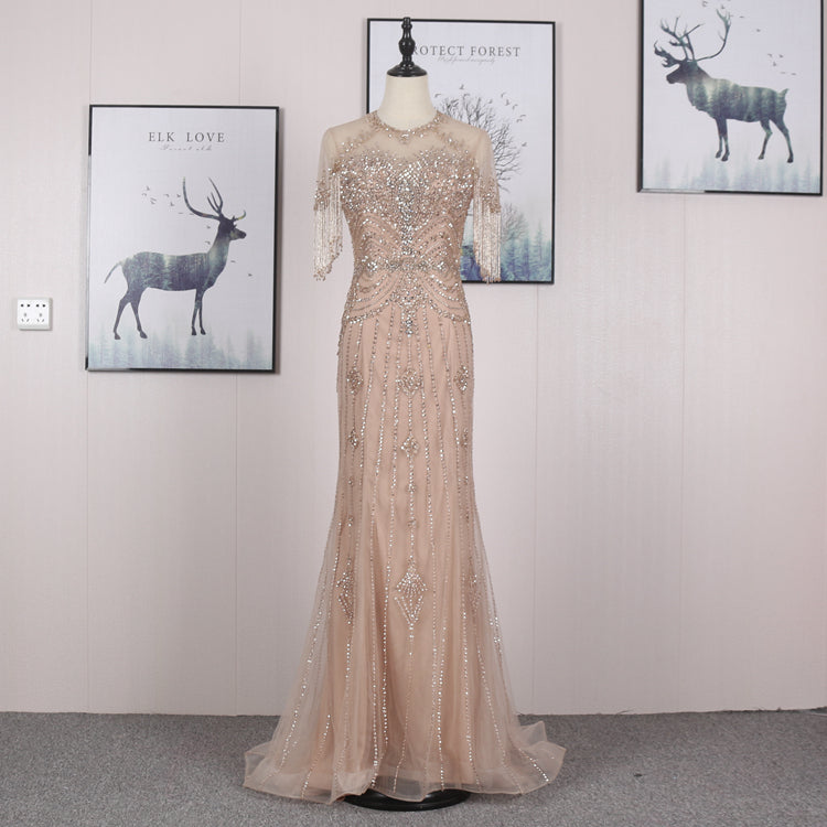 High Quality Ladies Sexy Lace Tassel Beaded Slim Party Evening Dress
