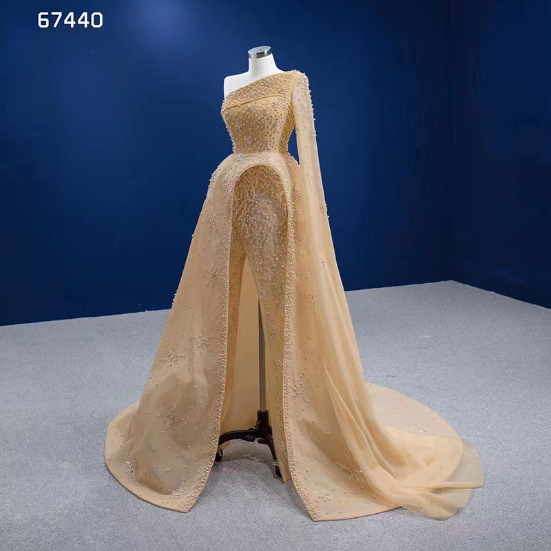 Prom Dresses 2022 Latest Design Elegant One Shoulder Pearl Champagne Women Dresses