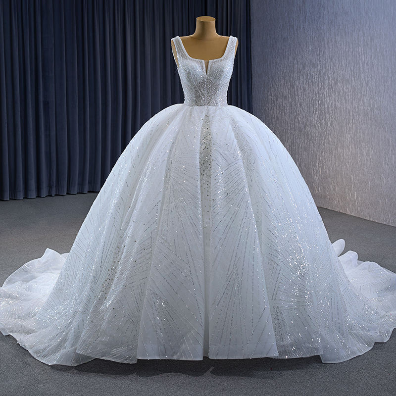 Luxury Long Tail Sequins Scoop Ball Gown Wedding Bridal Dresses