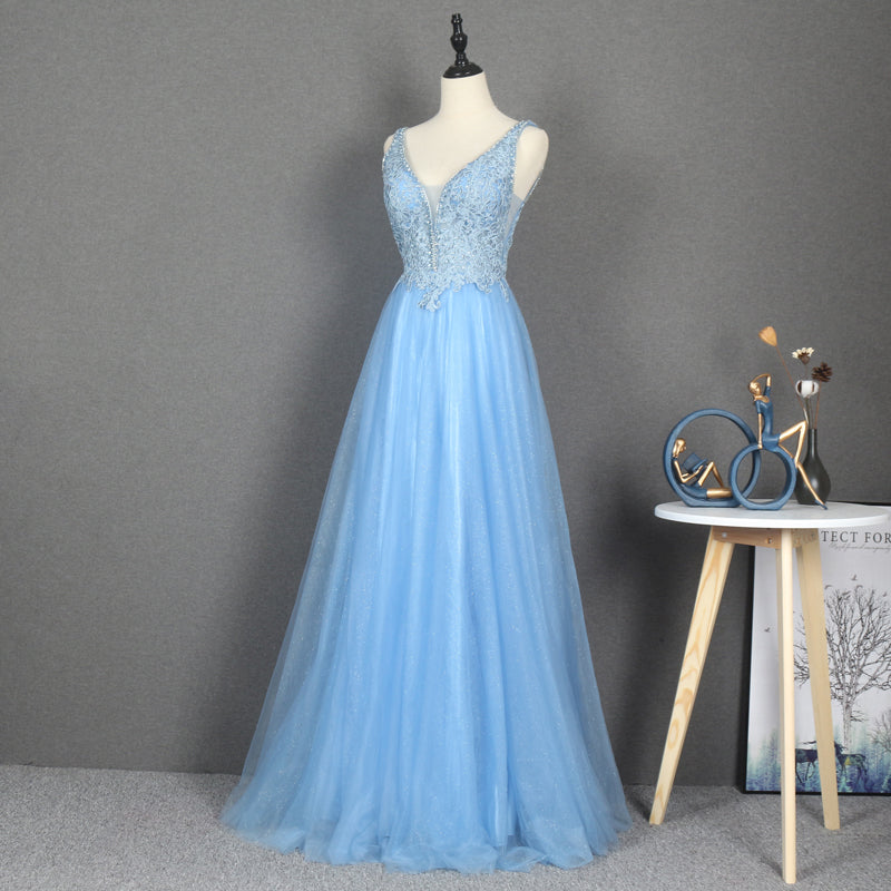 Deep V Neck Beading Sequin Lace Prom Dresses Evening Gowns - Image 4
