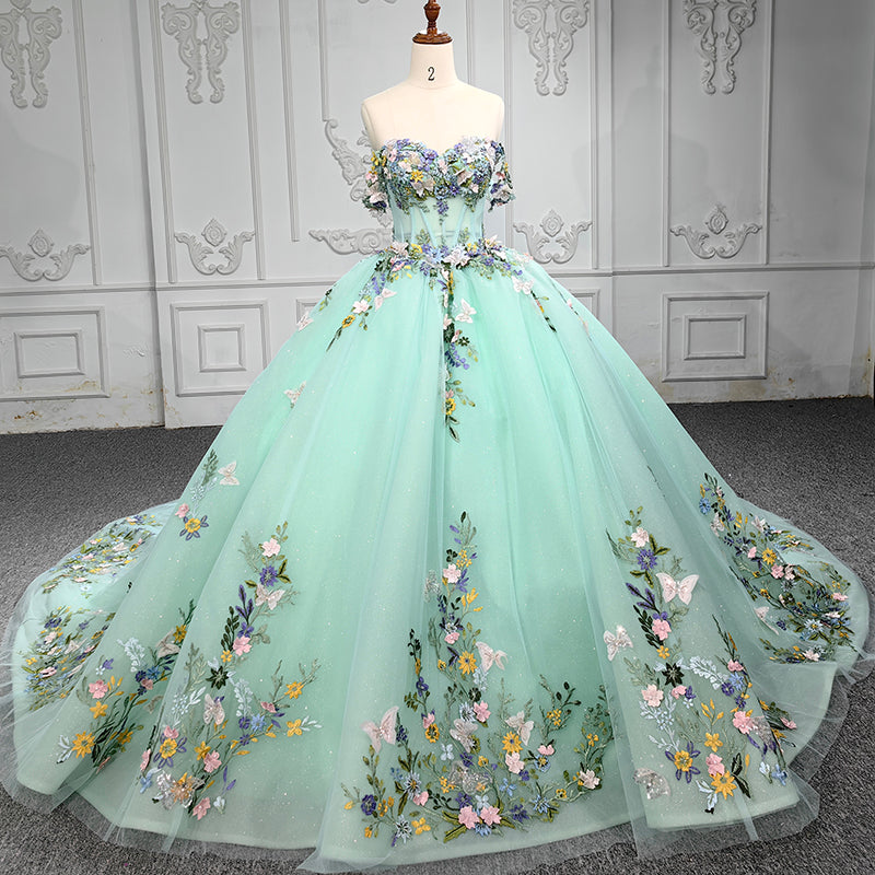 Modest Off The Shoulder Backless Evening Gowns Dresses Fruit Green Floral Dress