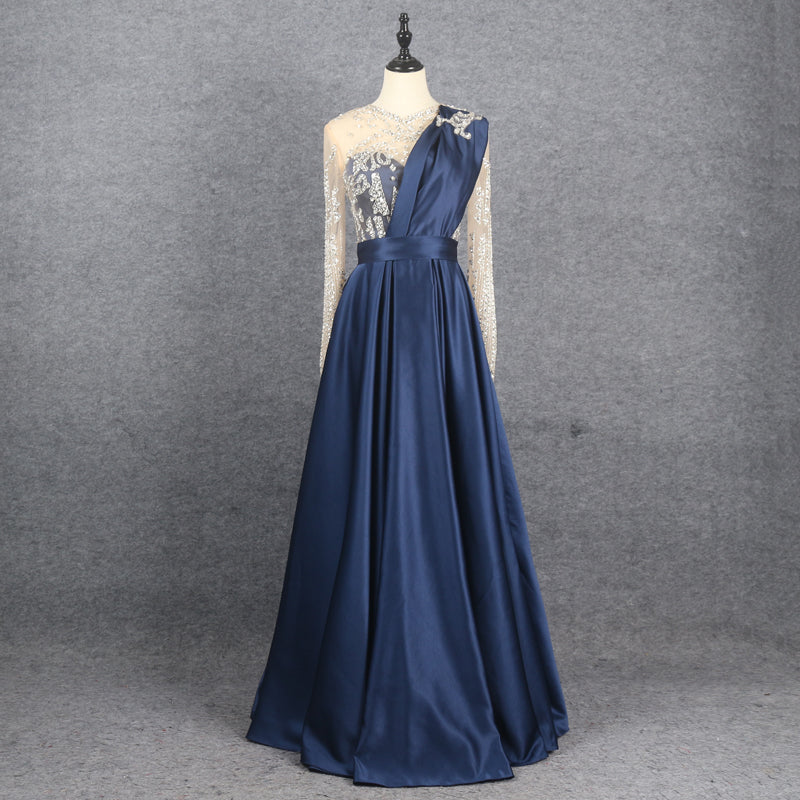 Evening Dress New Evening Dress Long Sleeve Light Luxury Beaded A Swing Dress Elegant Temperament Lace Prom