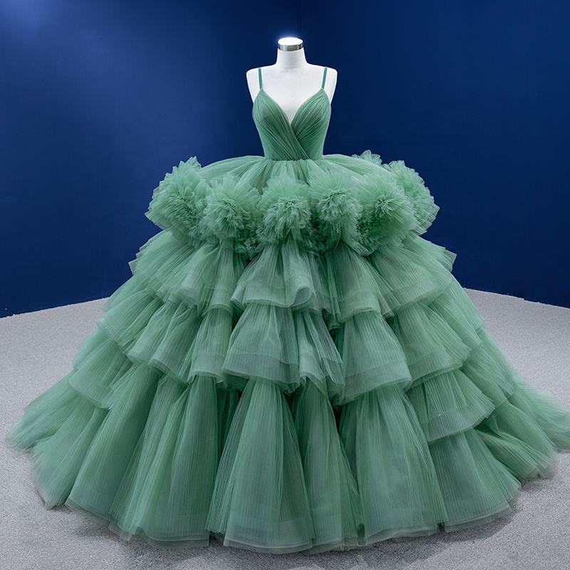 Princess Green Spaghetti Strap Prom Evening Ball Gown Dress