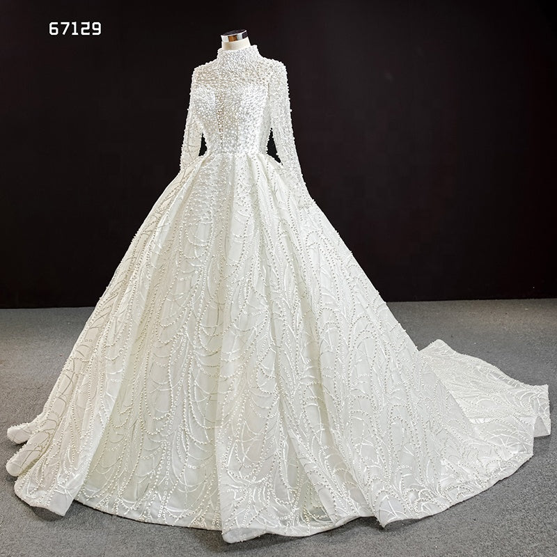 long sleeve crystal pearl  luxury long train wedding dress bridal gowns