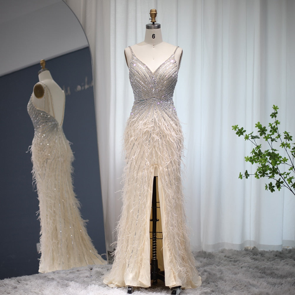 Luxury Beaded Mermaid Feathers Prom Dresses Sexy Spaghetti Straps Backless Rose Pink Evening Dress Formal Party Gown