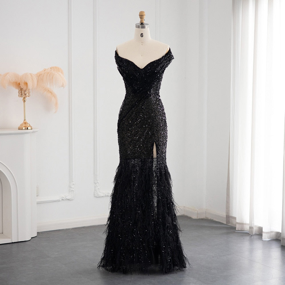 Luxury Black Mermaid Feathers Prom Dresses Sexy Off Shoulder High Slit Evening Party Gowns for Women Wedding Guest