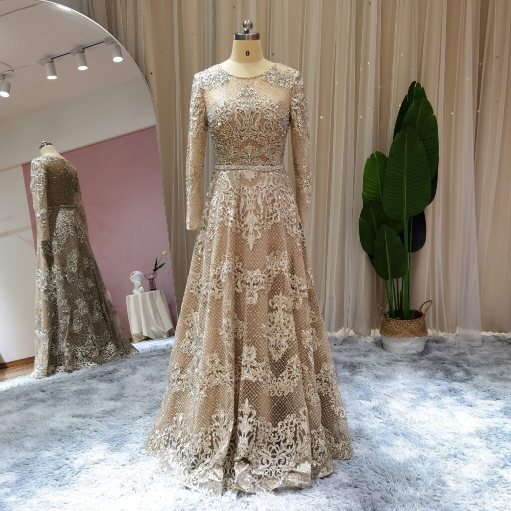 Luxury Lace Evening Dress Long Sleeve Women Formal Party Dresses for Wedding Guest