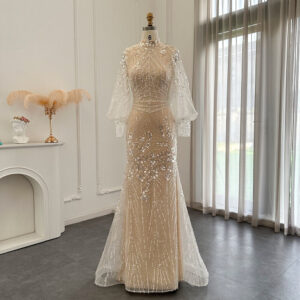 Luxury Mermaid Evening Dresses Long Sleeve Elegant High Neck Formal Dress for Women Wedding Bridal Party