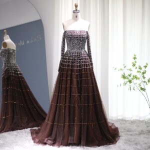 Luxury Off Shoulder Evening Dress Long Sleeve Crystal Women Formal Dresses Wedding Party Gowns