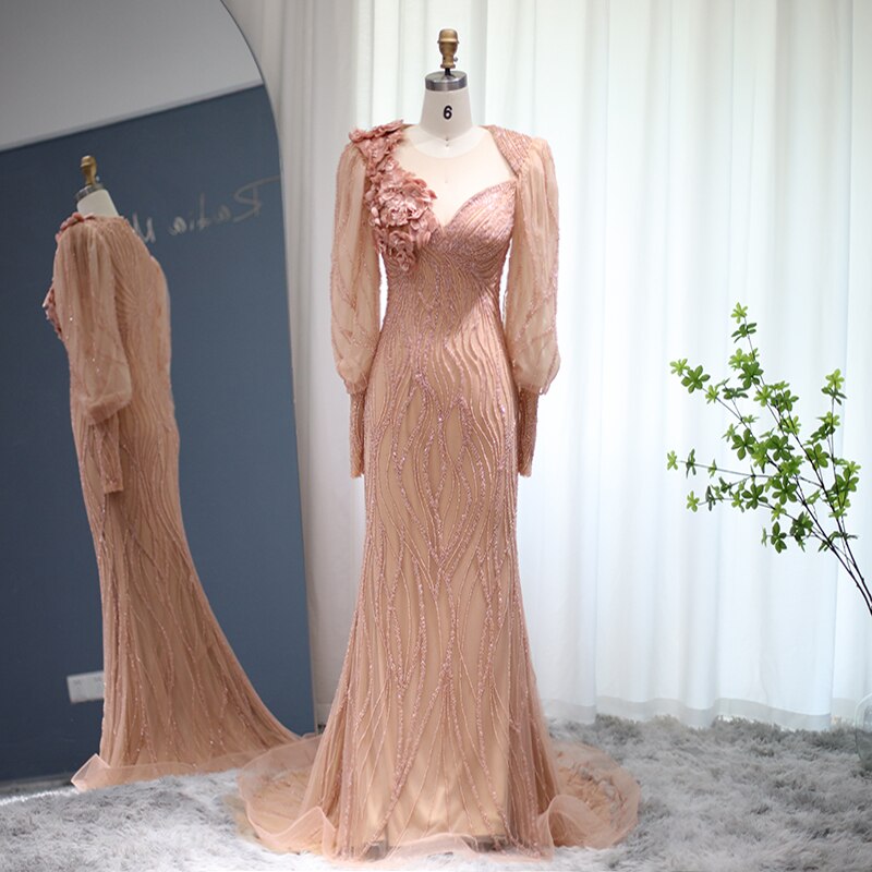 Luxury Rose Gold Mermaid Evening Dress for Women Wedding Party 3D Flowers Long Sleeve Formal Dresses